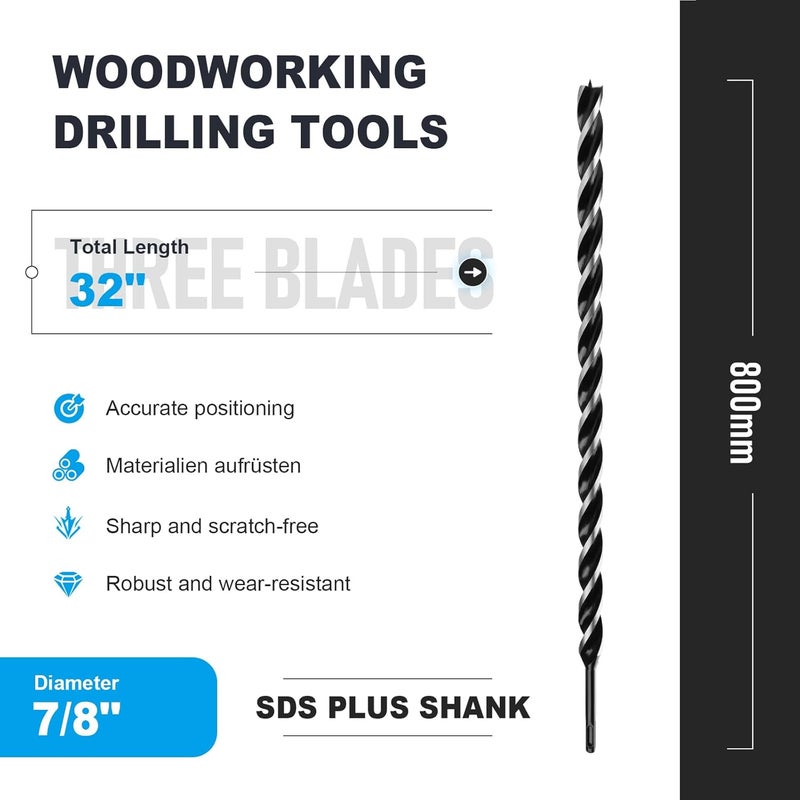 WOBLLMX 7/8" x 32" Auger Drill Bit with SDS Plus Shank for Wood,Tri Flute Ship Auger Long Drill Bit for Soft and Hard Wood,Tree Stump,Plastic,Drywall and Composite Materials - Image 2